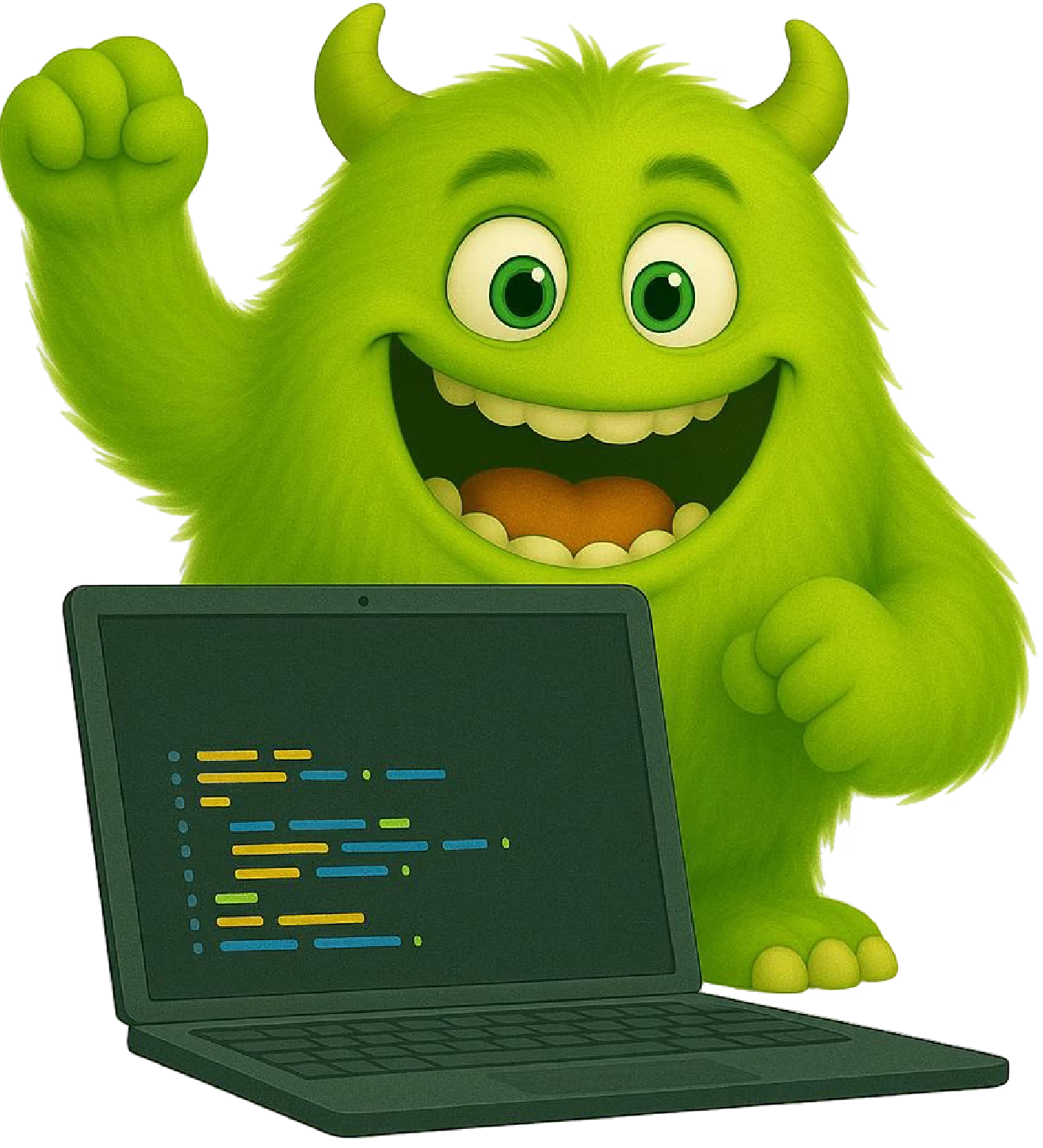 Green monster character with laptop